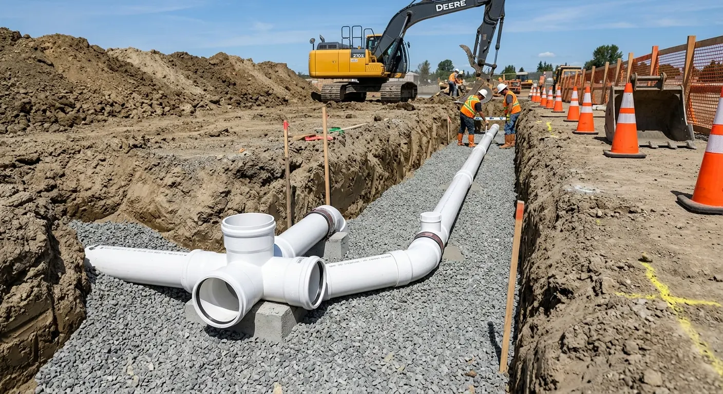 New PVC sewer pipe installation in open trench for Commercial Drain Cleaning in Enumclaw