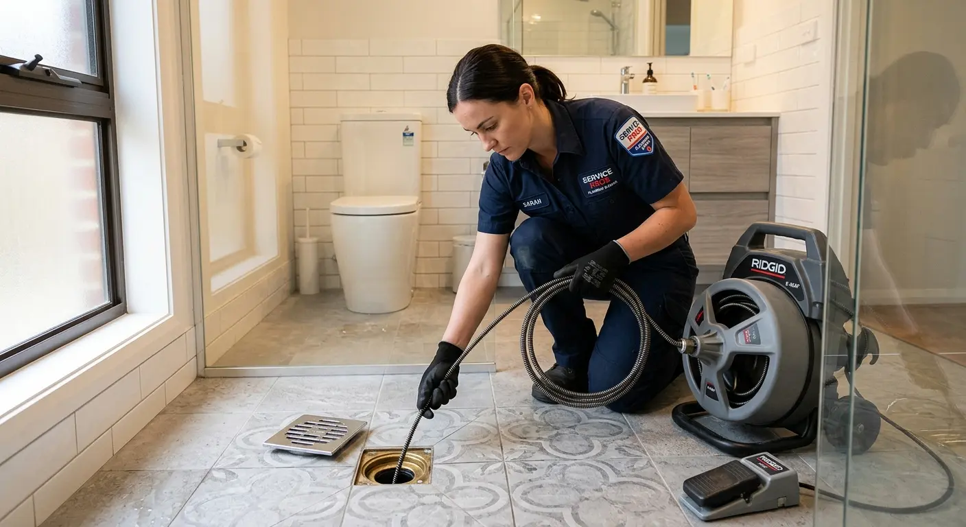 Technician clearing a bathroom floor drain for Drain Repair in Enumclaw